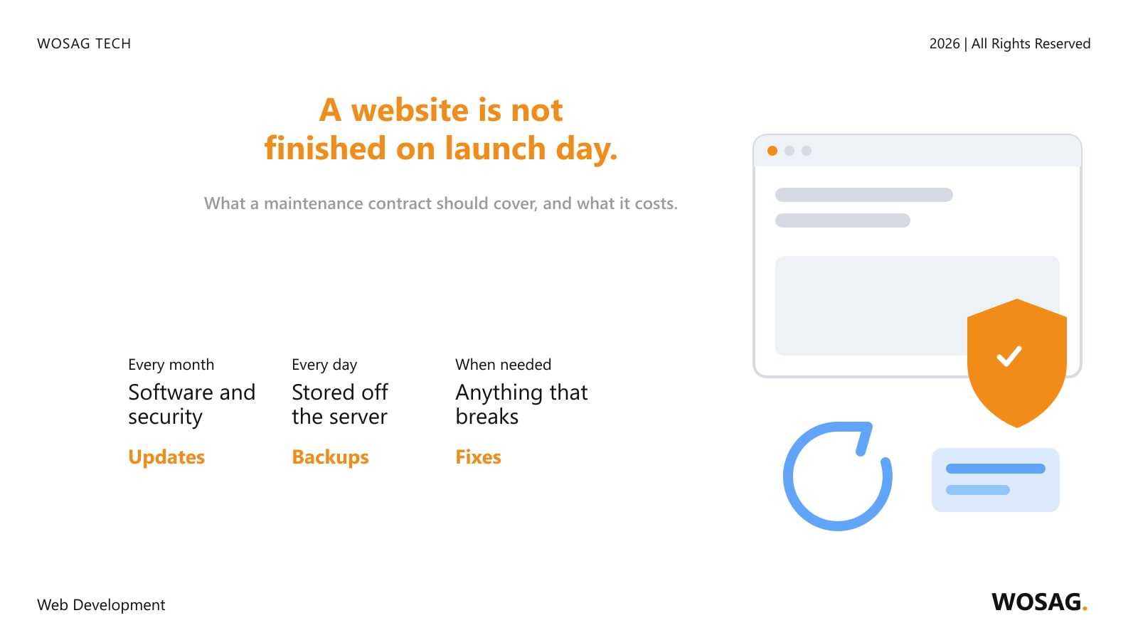 Website maintenance: a browser window with a security shield, backups and updates