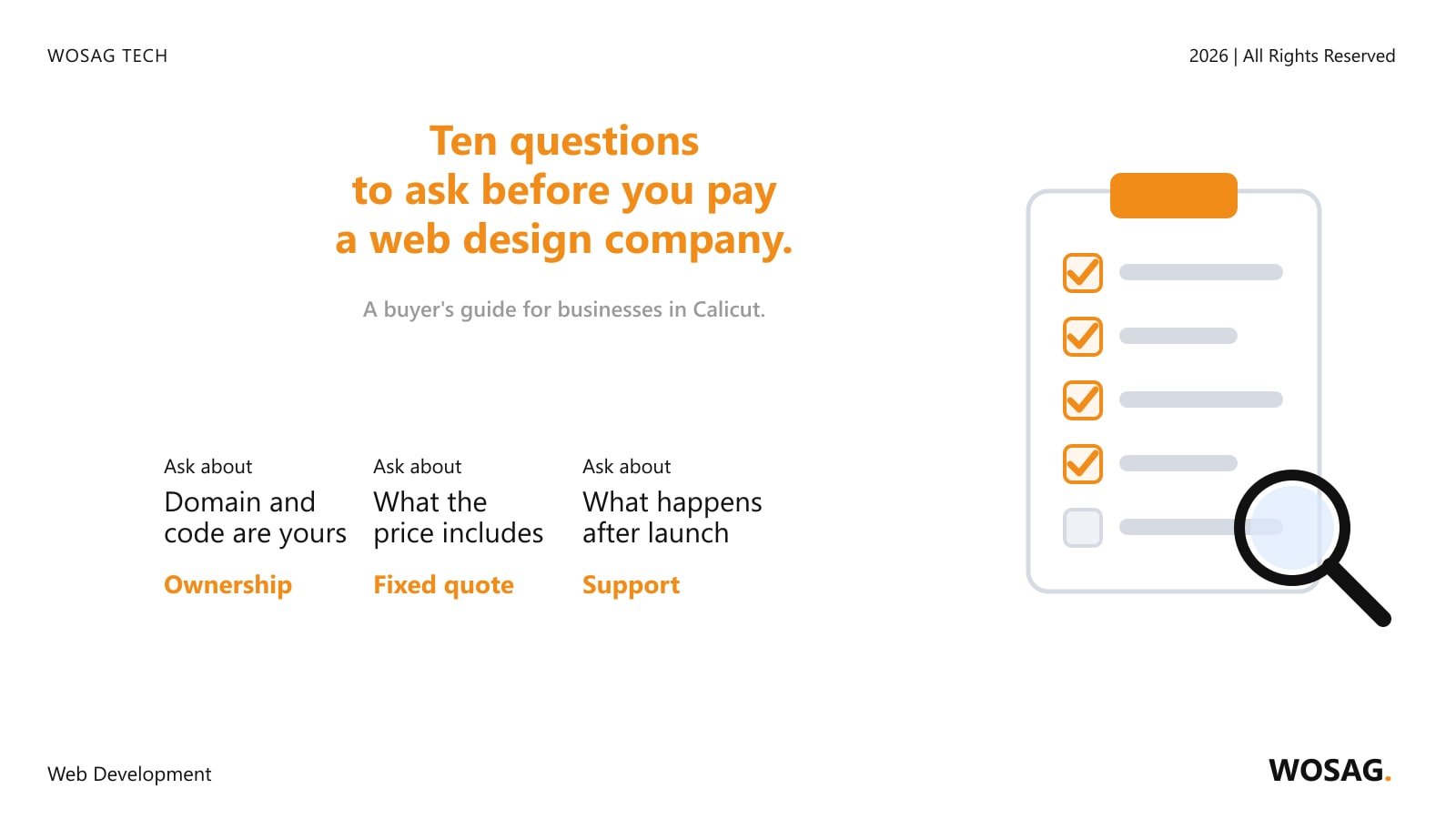 Choosing a web design company: a checklist with ticks and a magnifying glass