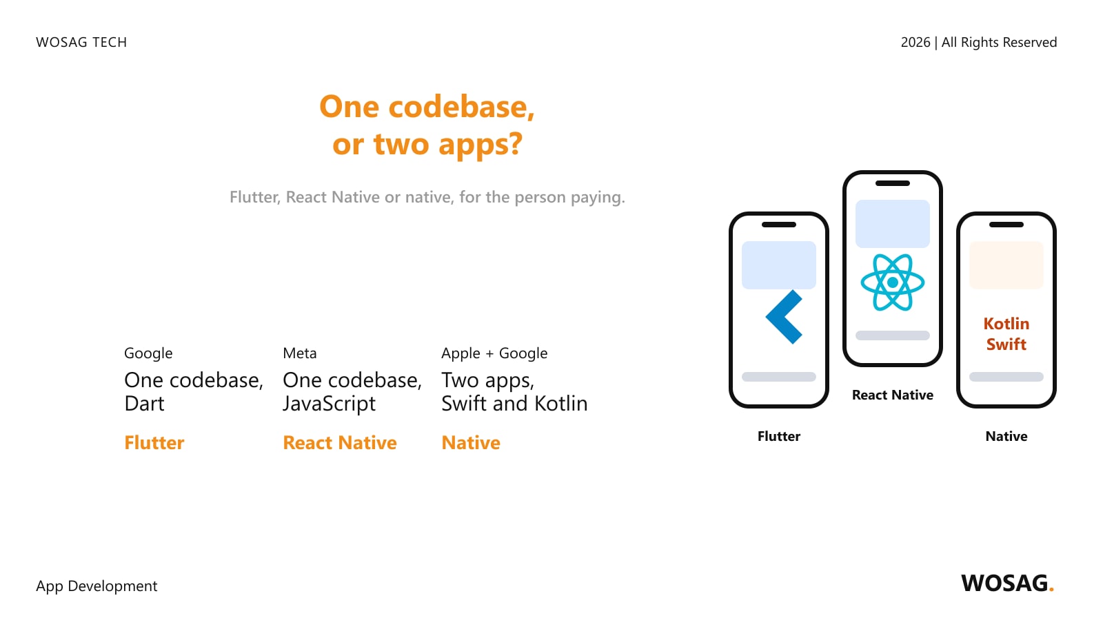 Flutter vs React Native vs native: three phones showing the Flutter, React Native and Kotlin and Swift logos