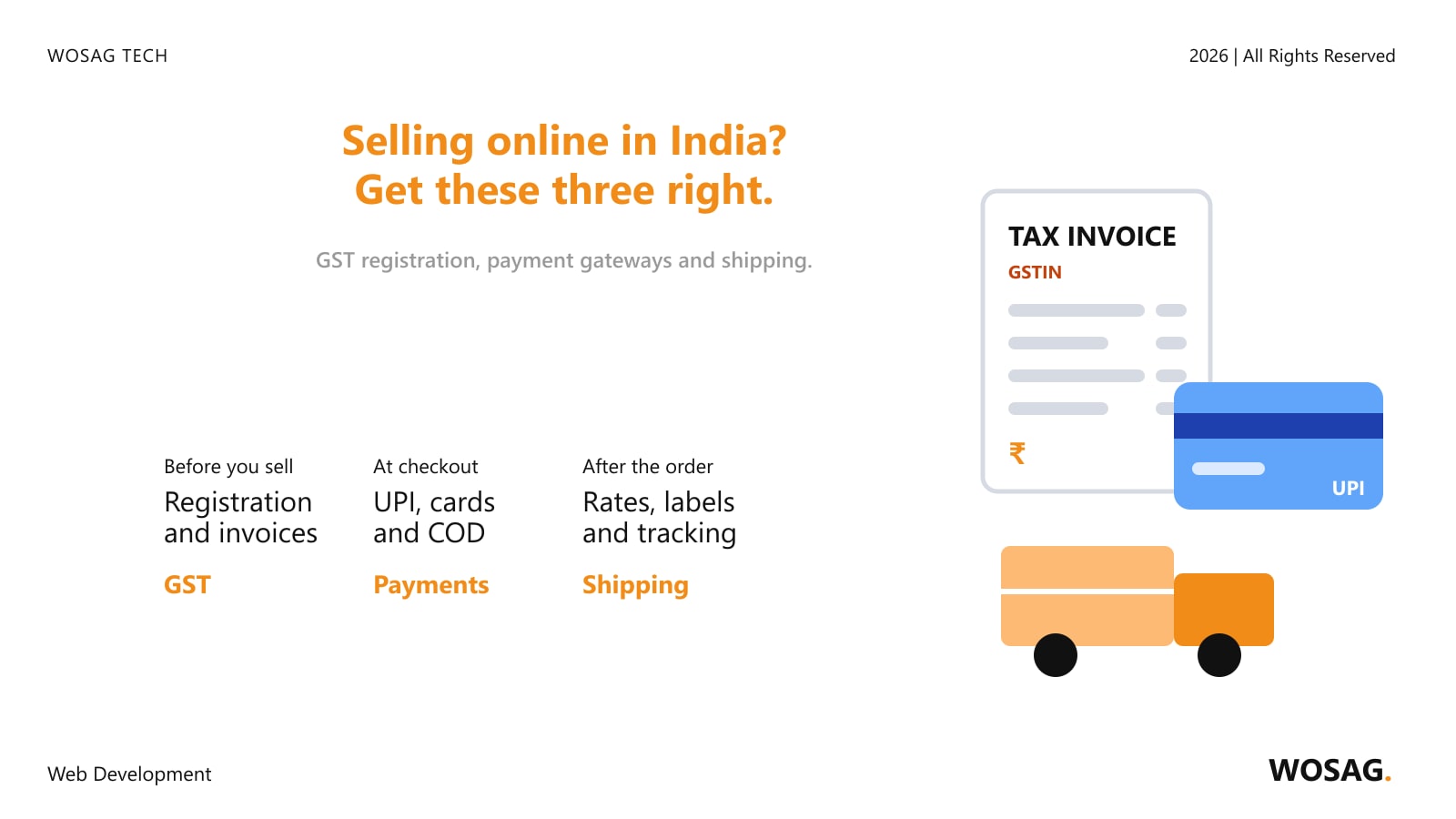 Selling online in India: a GST tax invoice, a UPI payment card and a delivery van