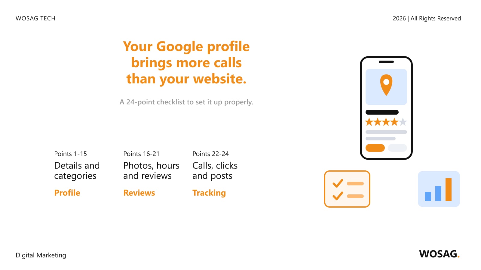 Google Business Profile: a phone showing a map pin, star rating and buttons, with a checklist and a chart